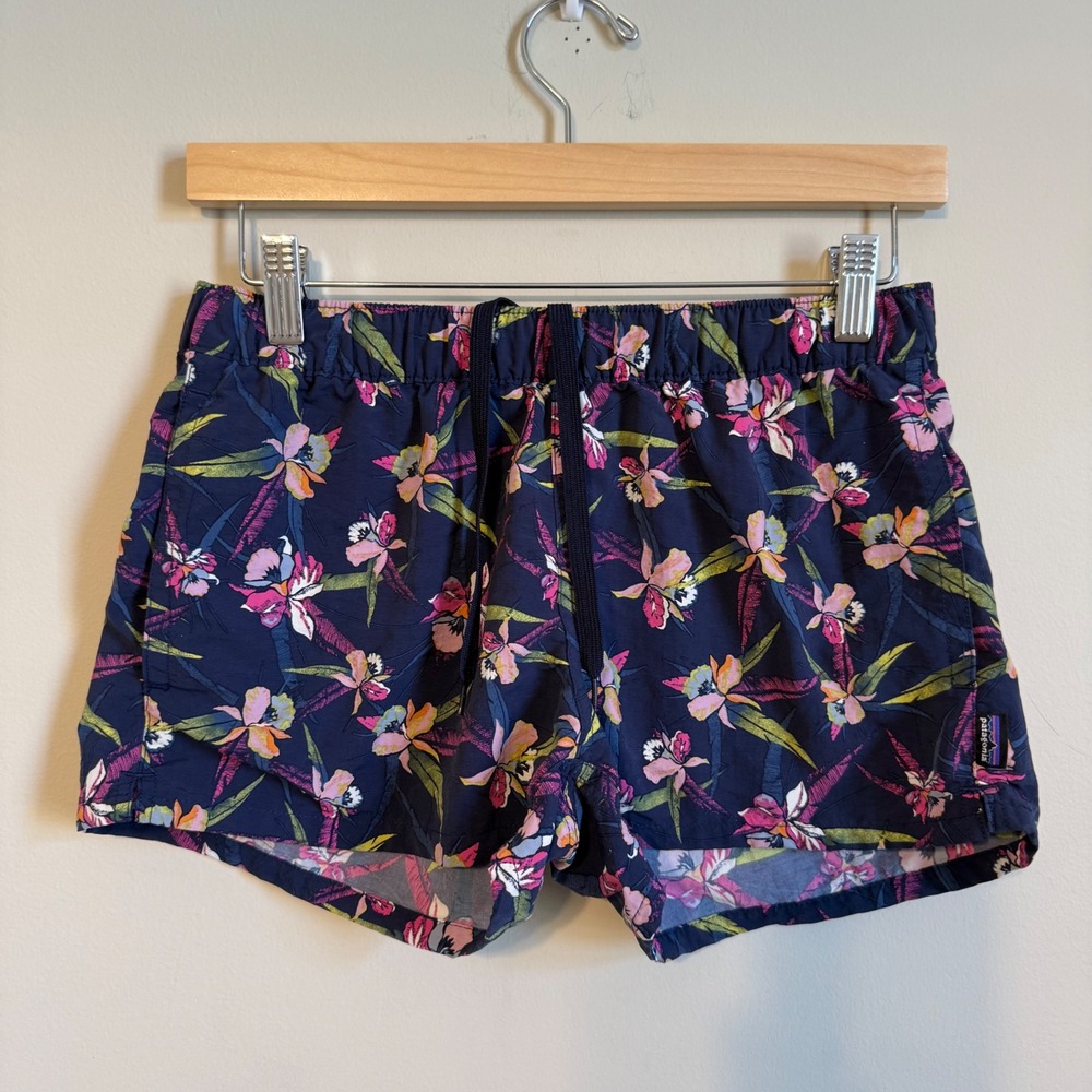 Patagonia Baggies Shorts Womens Small Navy Blue Floral Orchid Print 2.5 Inseam